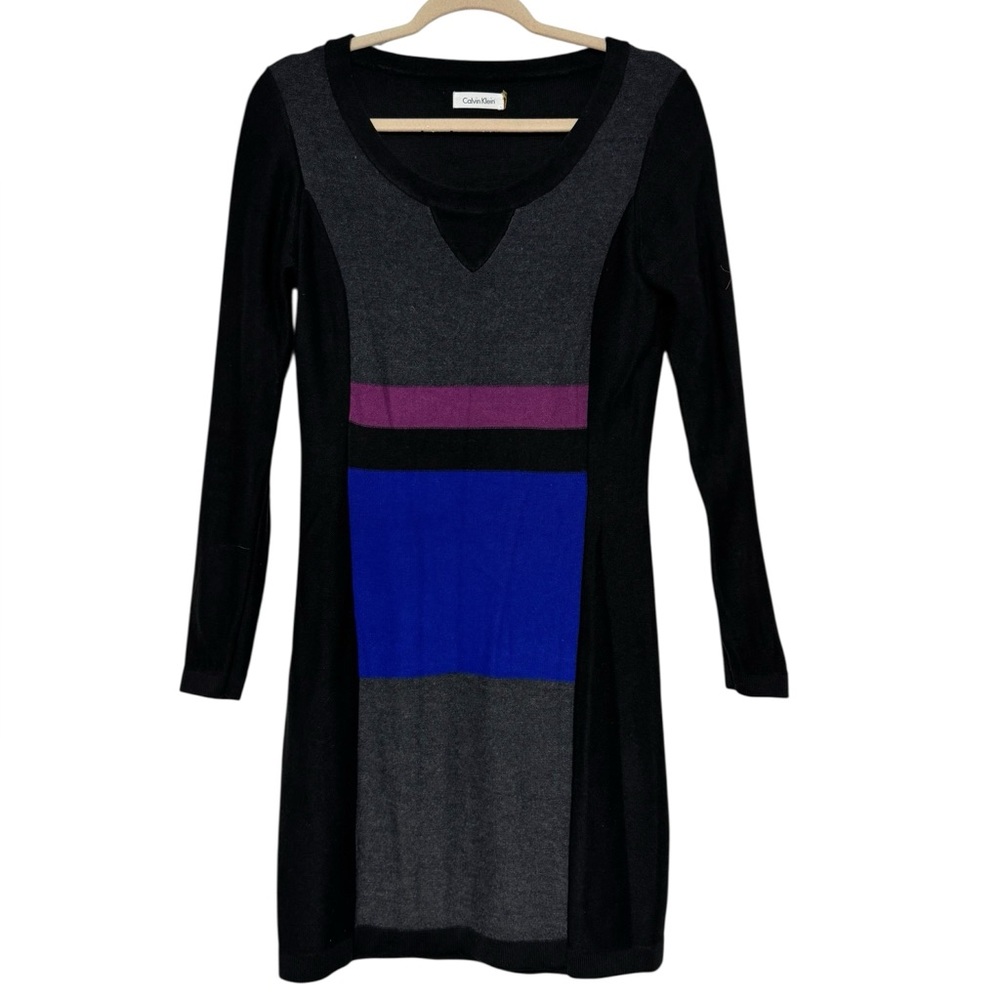 Calvin Klein Color Block Knit Sweater Dress Size M Career Winter Cozy Stretch